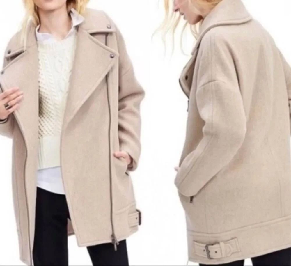 Banana Republic Coat Women's Large Neutral Moto Cocoon Buckle Zip Wool Blend